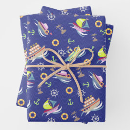Fun Boats Blue Wrapping Paper Geschenkpapier Set