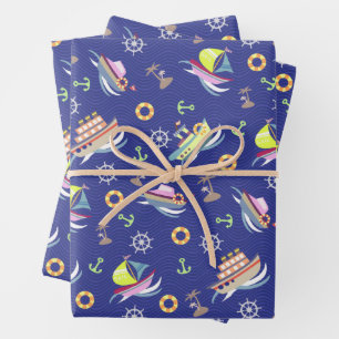 Fun Boats Blue Wrapping Paper Geschenkpapier Set