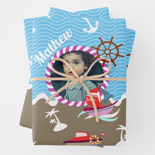Fun Boats Foto Brown Blue Wrapping Paper Sheets Geschenkpapier Set (Beispiel)