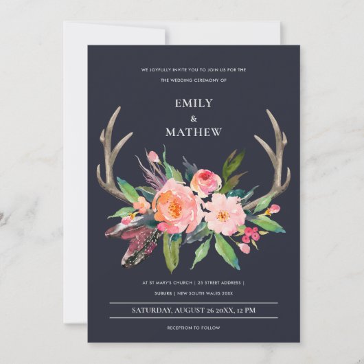 FUN BOHO NAVY BLUSH ANTLER FLORAL LANDWEDDING EINLADUNG (Vorderseite)
