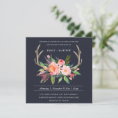 FUN BOHO NAVY BLUSH ANTLER FLORAL LANDWEDDING EINLADUNG (Stehend Vorderseite)