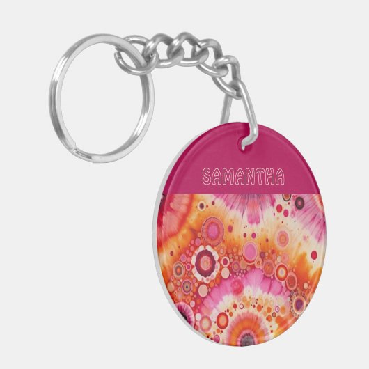 Fun Bold Orange Hot Pink Batik Circles Art Pattern Schlüsselanhänger (Vorderseite links)