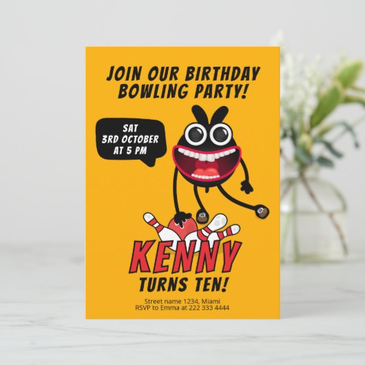 Fun Bowling Bash Birthday Party Einladung (Stehend Vorderseite)