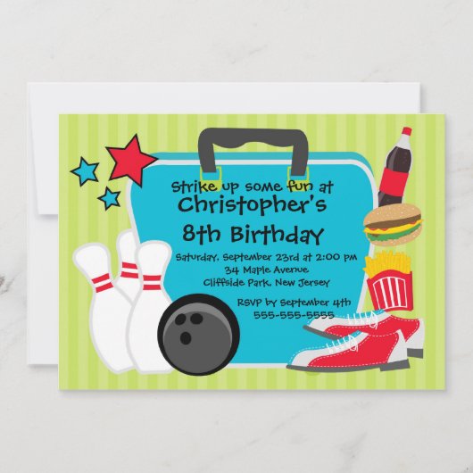 Fun Bowling Boys Birthday Party Invitations Einladung (Vorderseite)