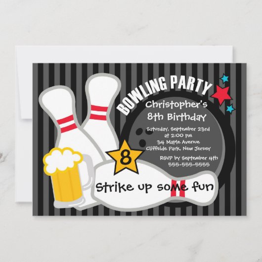 Fun Bowling Boys Birthday Party Invitations Einladung (Vorderseite)