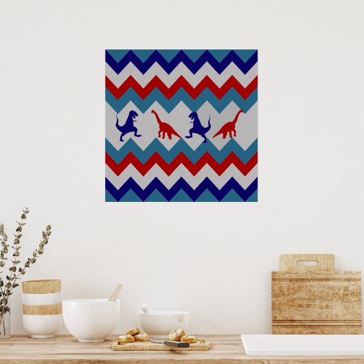 Fun Boys Dinosaurs Red Blue Chevron Pattern Poster (Küche)
