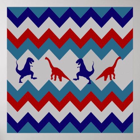 Fun Boys Dinosaurs Red Blue Chevron Pattern Poster (Vorne)
