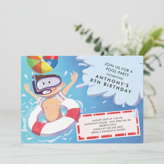 Fun Boys Pool Party Einladung (Stehend Vorderseite)