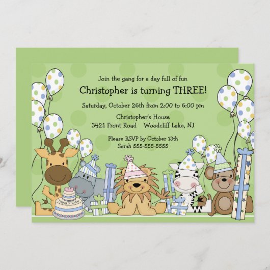 Fun Boys Safari Tiere Geburtstag Einladung (Vorne/Hinten)