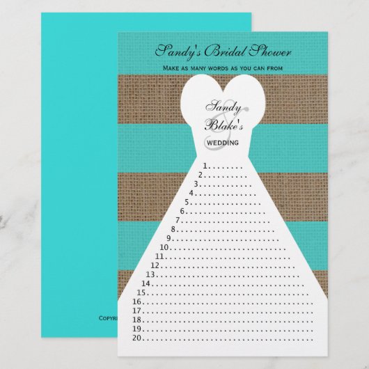 Fun Brautparty Word Games Türkis (Vorne/Hinten)