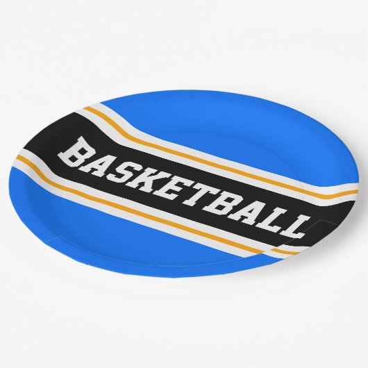 Fun Bright Blue Black Yellow BASKETBALL Streifen Pappteller (Schrägansicht)
