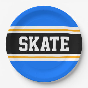 Fun Bright Blue Black Yellow SKATE Racing Streifen Pappteller