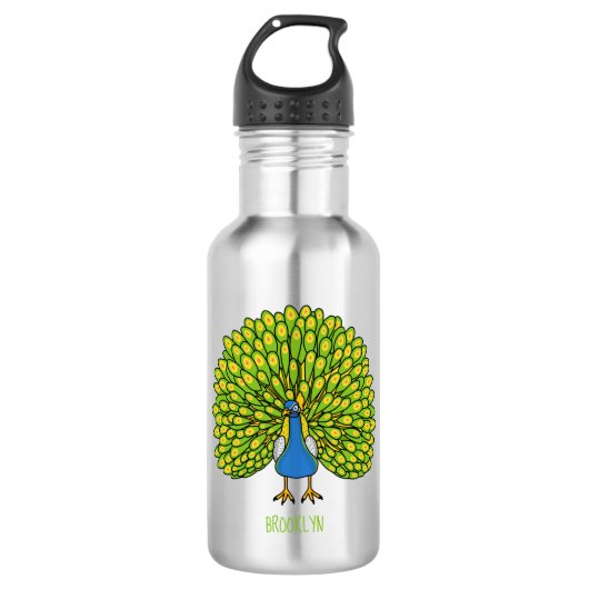 Fun bright bright peacock bird Illustration Edelstahlflasche (Vorderseite)