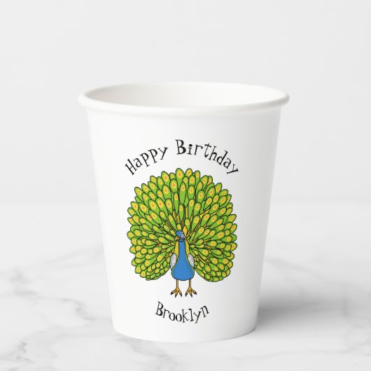 Fun bright bright peacock bird Illustration Pappbecher (Vorderseite)