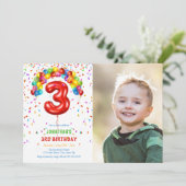 Fun Bright Confetti Balloons Foto 3. Geburtstag Einladung (Stehend Vorderseite)