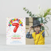 Fun Bright Confetti Balloons Foto 7. Geburtstag Einladung (Stehend Vorderseite)