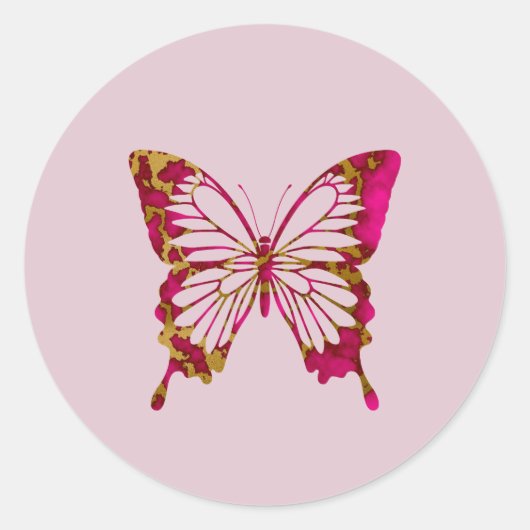 Fun Bright Pink und Gold Marmor Schmetterling Runder Aufkleber (Vorderseite)
