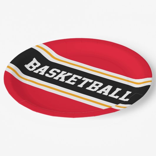 Fun Bright Red Black Yellow BASKETBALL Streifen Pappteller (Schrägansicht)