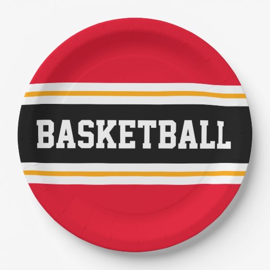 Fun Bright Red Black Yellow BASKETBALL Streifen Pappteller (Vorderseite)