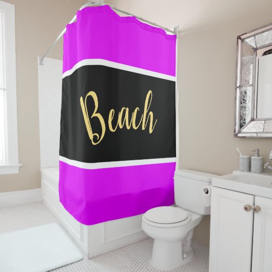 Fun Bright Tropisch Pink Black Stripes Beach Text Duschvorhang (Beispiel)