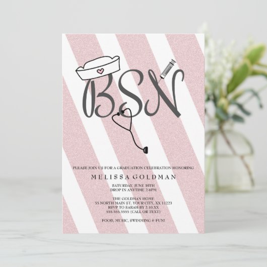 FUN BSN Abschluss lädt zum Rosa-Rosa-Glitzer ein Einladung (Stehend Vorderseite)