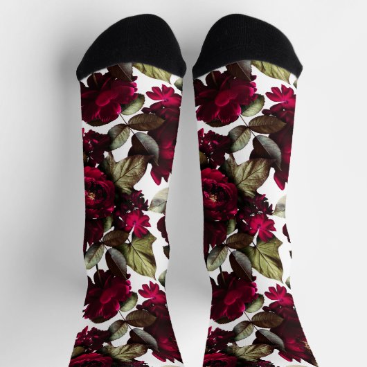 Fun Burgund Wein Weißes Blumenmuster Socken (Oben)