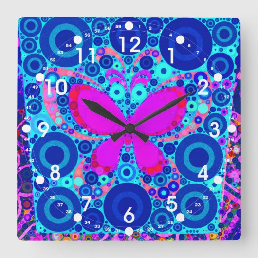 Fun Butterfly Konzentrierter Circle Mosaik Blue Pi Quadratische Wanduhr (Vorderseite)