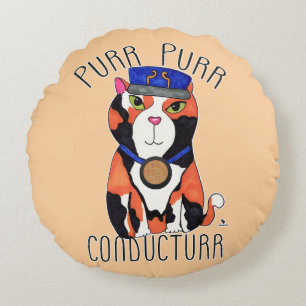 Fun Calico Cat Train Conductor Purr Slogan Rundes Kissen