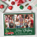Fun Calligrafie 3 Foto Grüner Weihnachtsfahrer Feiertagskarte<br><div class="desc">Moderne Fun Calligraphie Drehbuch 3 Foto Familienfoto Collage Merry Christmas Card - Aquarell Vintager roter LKW mit Christbaum - Forest Green Background</div>