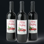 Fun Calligrafy Christmas Vintag Red Truck Weinetikett<br><div class="desc">Modern Fun Calligrafie Script Frohe Weihnachten Wasserfarbe Vintager roter LKW mit Weihnachtsbaum Wein Flasche Etikett - Rot & Grün</div>