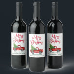 Fun Calligrafy Christmas Vintag Red Truck Weinetikett<br><div class="desc">Modern Fun Calligrafie Script Frohe Weihnachten Wasserfarbe Vintager roter LKW mit Weihnachtsbaum Wein Flasche Etikett - Rot & Grün</div>