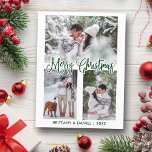 Fun Calligraphie 3 Foto Couple Christmas Green Postkarte<br><div class="desc">Modern Fun Calligraphy Script Mercury Christmas Couple Foto Postcard - 3 Fotos - Green Script</div>