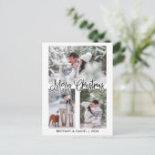 Fun Calligraphie 3 Foto Paar Weihnachtsfeiertag Postkarte (Stehend Vorderseite)