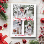 Fun Calligraphy 3 Foto Couple Christmas Red Postkarte<br><div class="desc">Modern Fun Calligrafy Script Frohe Weihnachten Paar Foto Postcard - 3 Fotos - Rote Schrift</div>