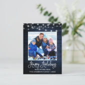 Fun Calligraphy Blue Wood Lights Foto Holiday Postkarte (Stehend Vorderseite)