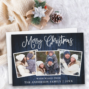 Fun Calligraphy Christmas Blue Wood 3 Foto Feiertagskarte