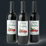 Fun Calligraphy Green Christmas Vintag Truck Weinetikett<br><div class="desc">Moderne Fun Calligrafie Skript Frohe Weihnachten Wasserfarbe Vintager Truck mit Weihnachtsbaum Wein Flasche Etikett - Grün Drehbuch</div>