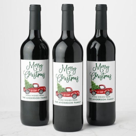 Fun Calligraphy Green Christmas Vintag Truck Weinetikett (Flaschen)