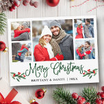Fun Calligraphy Holly 5 Foto Couple Christmas Postkarte<br><div class="desc">Modern Fun Calligrafy Script 5 Foto Couple Foto Collage Frohe Weihnachts Postkarte beinhaltet Watercolor Christmas Holly Berries - Grüne Schrift</div>