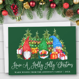 Fun Calligraphy Holly Jolly Christmas Gnomes Green Feiertagskarte