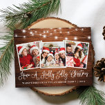 Fun Calligraphy Holly Jolly Christmas Wood Lights Postkarte<br><div class="desc">Moderne Fun Calligrafy Script haben eine Holly Jolly Weihnachten 3 Foto Holiday Postcard - Rustic Country Wood und String Lights</div>