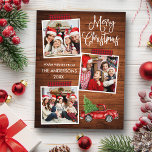 Fun Calligraphy Kariert Craft Tape Truck Postkarte<br><div class="desc">Moderne Fun Calligraphie Script Frohe Weihnachten 3 FotoCollage mit Red Buffalo Kariert Craft Tape Holiday Postcard. Wasserfarbener Vintager roter LKW mit Weihnachtsbaum. Rustikales Landholz.</div>