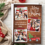 Fun Calligraphy Kariert Craft Tape Truck Wood Feiertagskarte<br><div class="desc">Moderne Fun Calligraphy Script Frohe Weihnachten 3 FotoCollage mit Red Buffalo Kariert Craft Tape Holiday Card. Wasserfarbener Vintager roter LKW mit Weihnachtsbaum. Rustikales Landholz.</div>