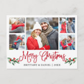 Fun Calligraphy Red Holly 5 Foto Couple Christmas Postkarte (Vorderseite)