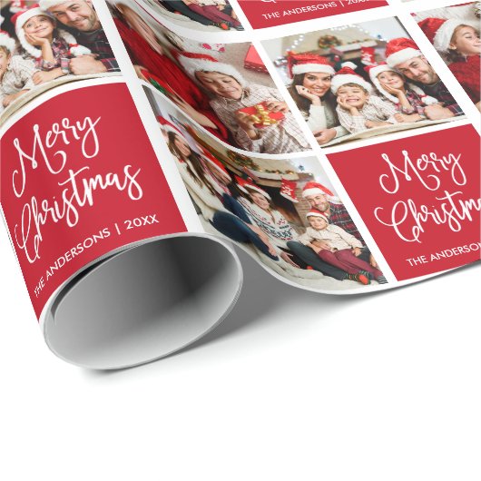 Fun Calligraphy Script Weihnachten 3 Foto Rot Geschenkpapier (Rolleneckpunkt)