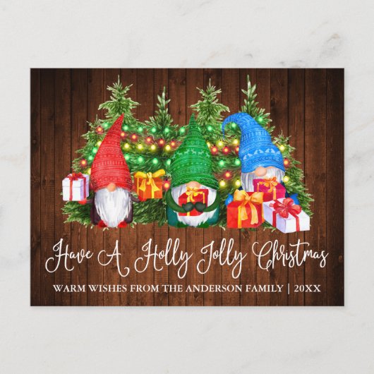 Fun Calligraphy Wood Holly Jolly Weihnachtsgnomes Postkarte (Vorderseite)