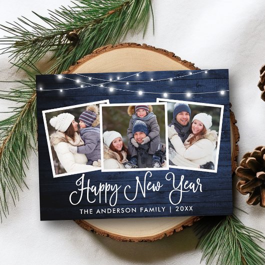Fun Calligraphy Wood Lights 3 Foto Happy New Year Postkarte