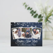 Fun Calligraphy Wood Lights 3 Foto Happy New Year Postkarte (Stehend Vorderseite)