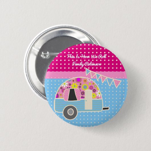 Fun Camper Camping Party versorgt rosa blaue Retro Button (Vorne & Hinten)