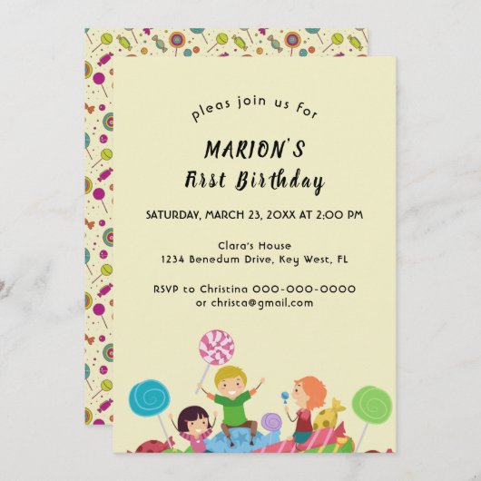 Fun Candy Einladung zum ersten Geburtstag (Vorne/Hinten)